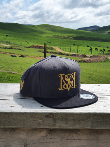 Snapback Caps - Charcoal cap, Black Peak - Gold Logos