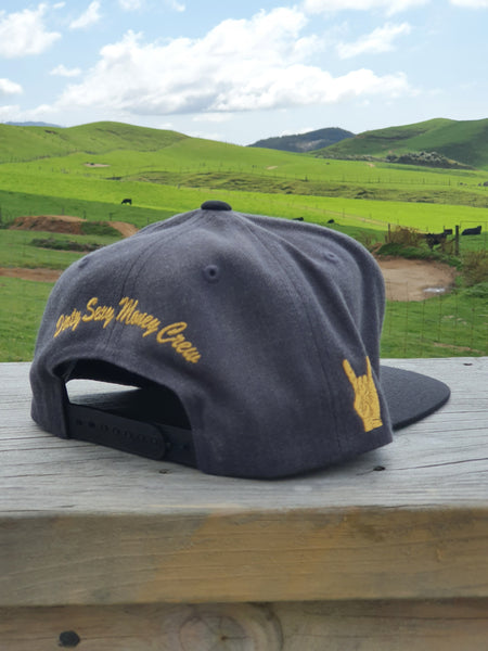 Snapback Caps - Charcoal cap, Black Peak - Gold Logos