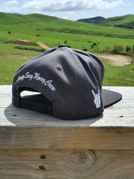Snapback Caps - Charcoal cap, Black Peak - White Logos