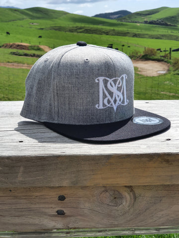 Snapback Caps - Grey cap, Black Peak - White logos