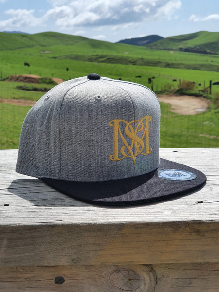 Snapback Caps - Grey cap, Black Peak -Gold logos