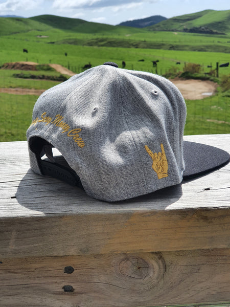 Snapback Caps - Grey cap, Black Peak -Gold logos