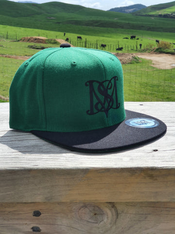 Snapback Caps - Green cap, Black Peak & Black Logos