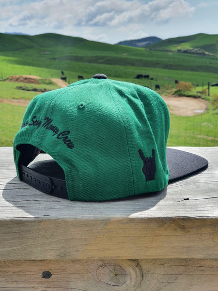Snapback Caps - Green cap, Black Peak & Black Logos