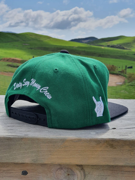 Snapback Caps - Green cap, Black Peak & White Logos