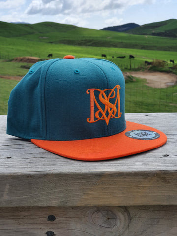 Snapback Caps - Teal cap, Orange Peak - Orange Logos