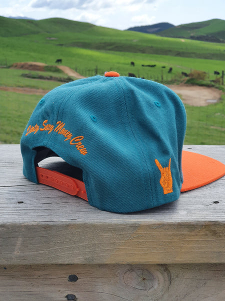 Snapback Caps - Teal cap, Orange Peak - Orange Logos