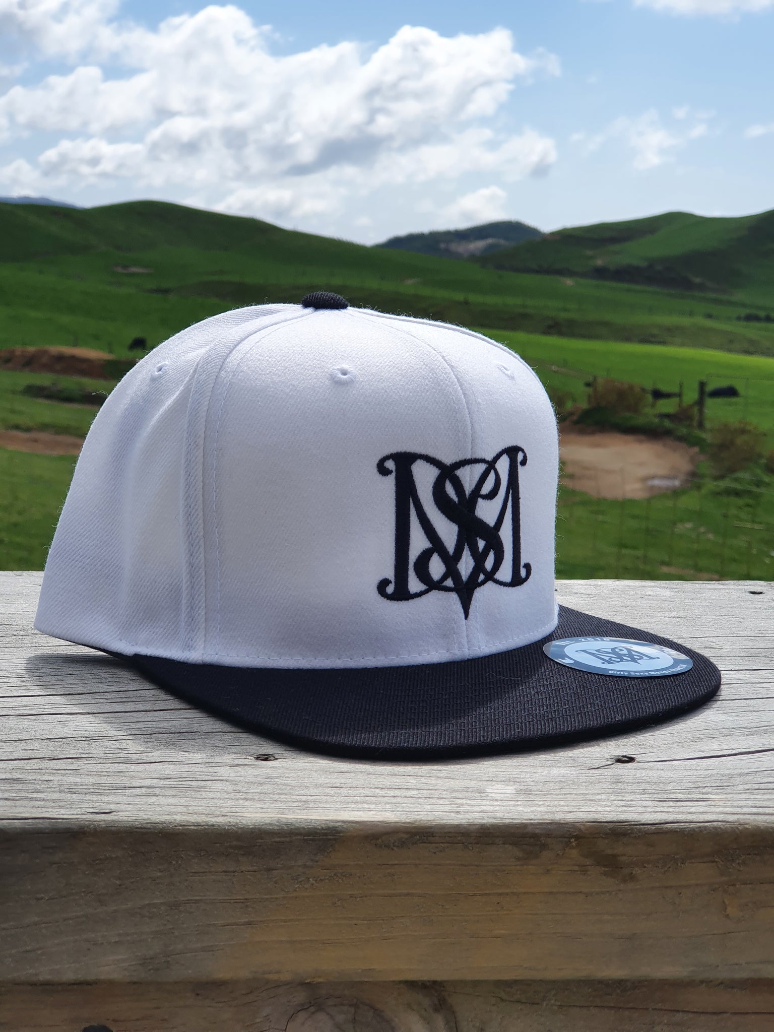 Snapback Caps - White cap, Black Peak - Black Logos