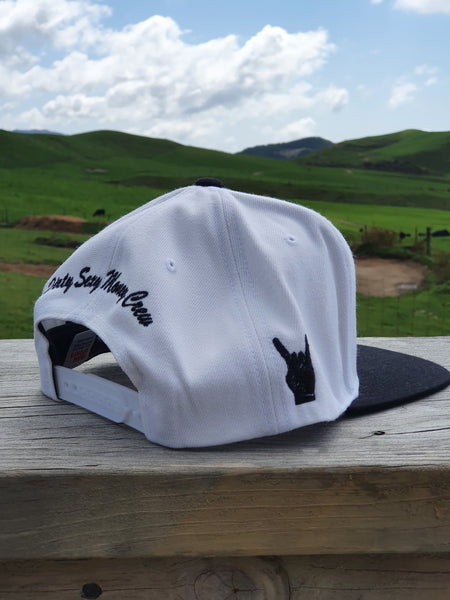 Snapback Caps - White cap, Black Peak - Black Logos