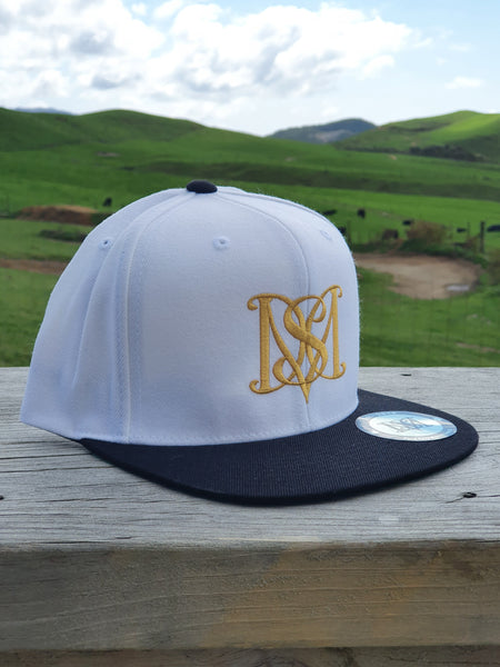 Snapback Caps - White cap, Black Peak - Gold Logos