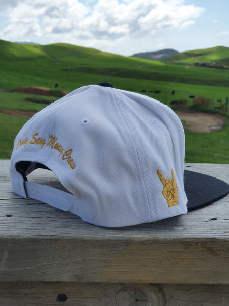 Snapback Caps - White cap, Black Peak - Gold Logos