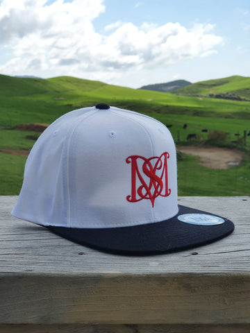 Snapback Caps - White cap, Black Peak - Red Logos