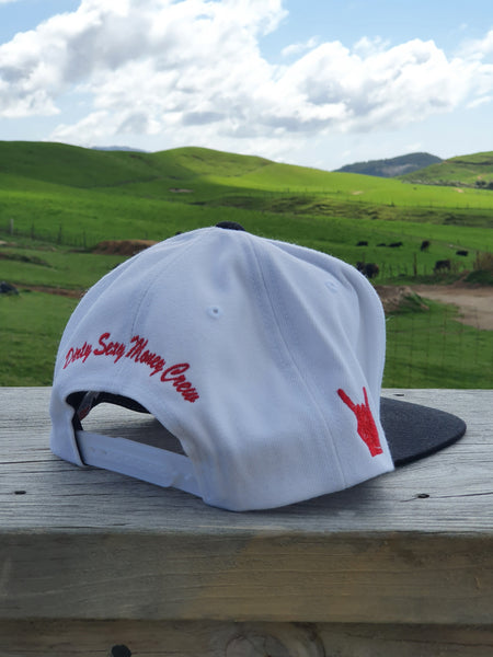 Snapback Caps - White cap, Black Peak - Red Logos